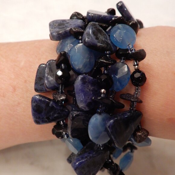 Multi-Strand Blue Agate and Silver Bracelet - Picture 1 of 10